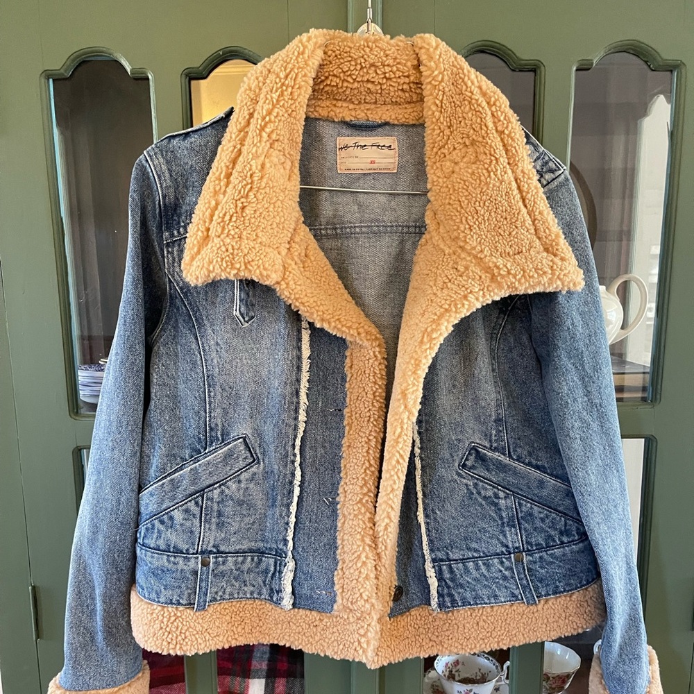 Free People Blue Denim Jacket with Beige Sherpa Lining